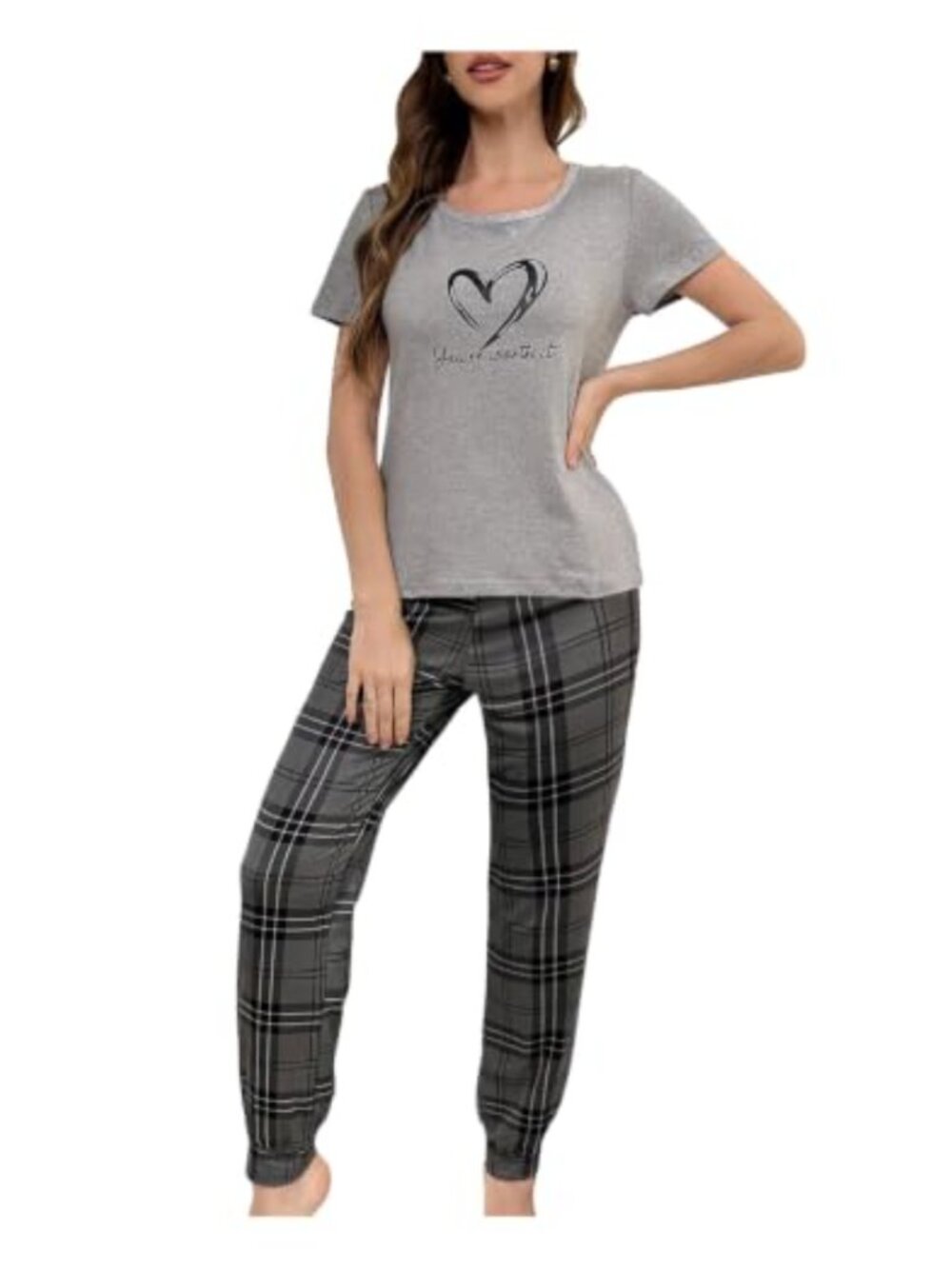 Women's 2 Piece Pajama Set Short Sleeve Tee & Plaid Pants Lounge Sleepwear